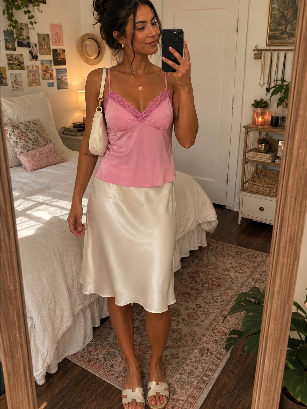 Vintage Lace Trim Pink Cami Tank Top - Women's Intimates